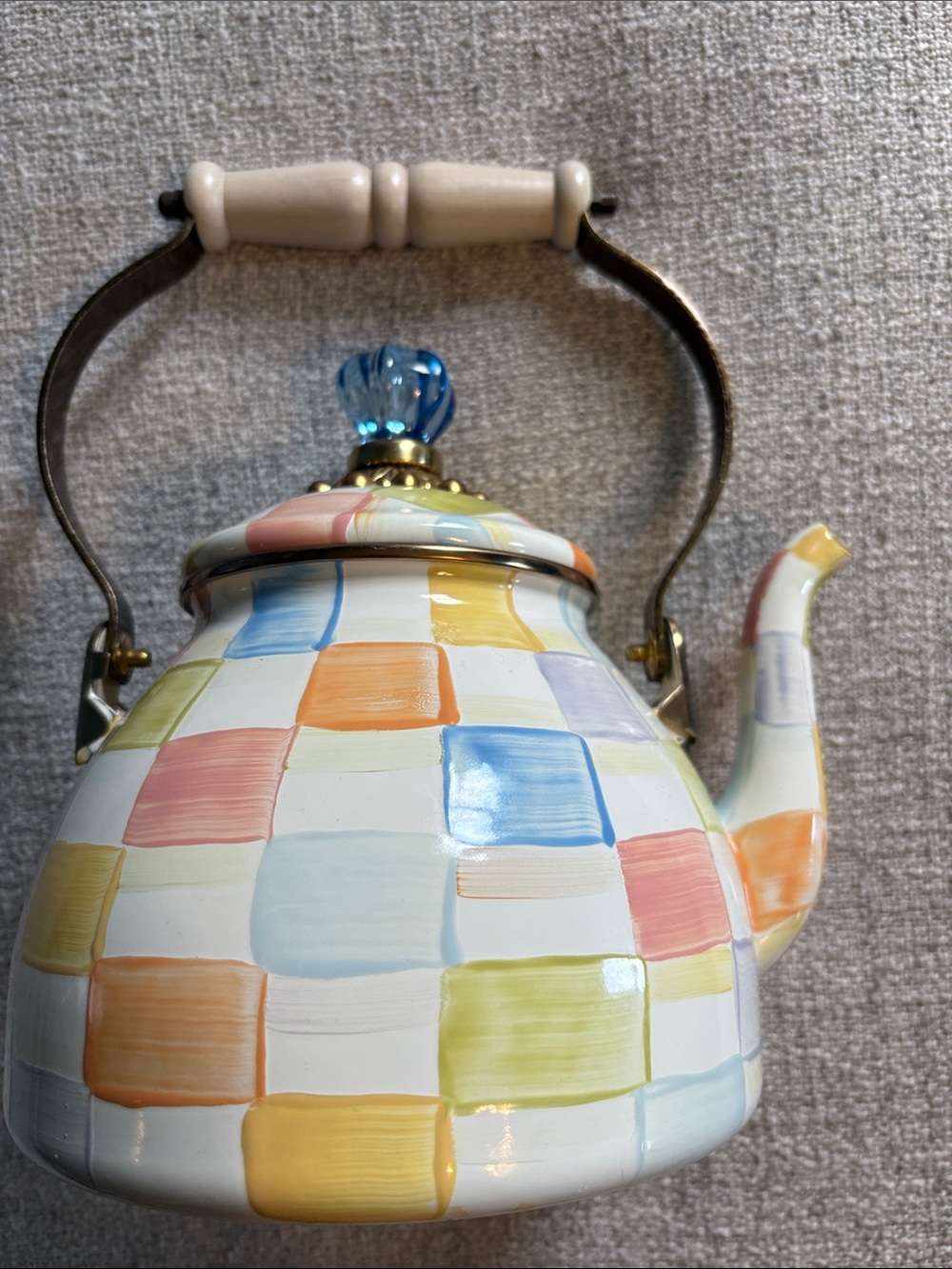 MacKenzie-Childs Pastel Checkered Teapot with Blue Glass Finial - Picture 2 of 6